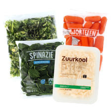 Verse zuurkool schaal à 250 gram
of prei fijn, spinazie, wortel geschrapt
zak à 200/300 gram